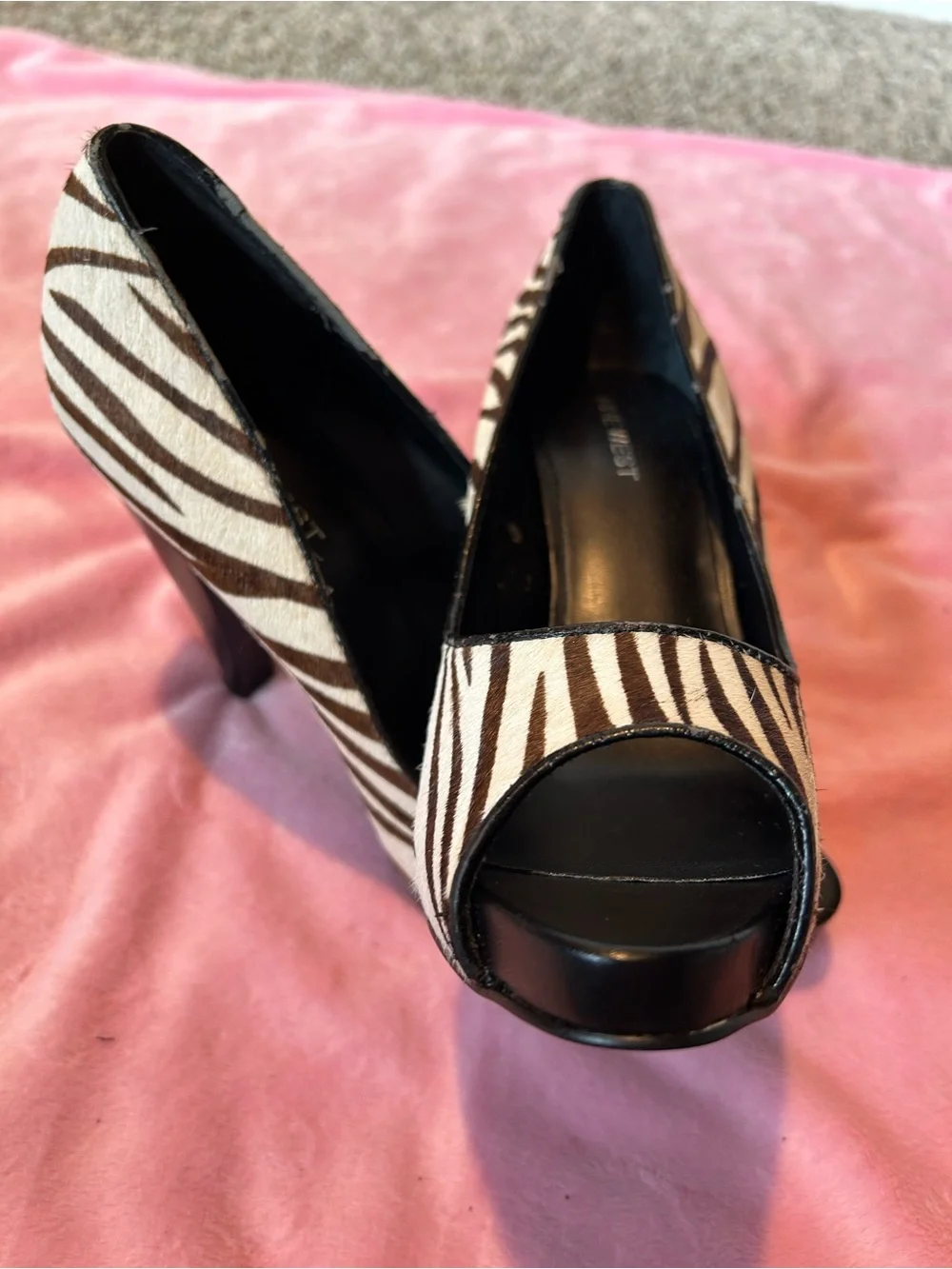 Nine West Vintage Zebra Pony Hair Peep-Toe Heels - Brown/Black/White